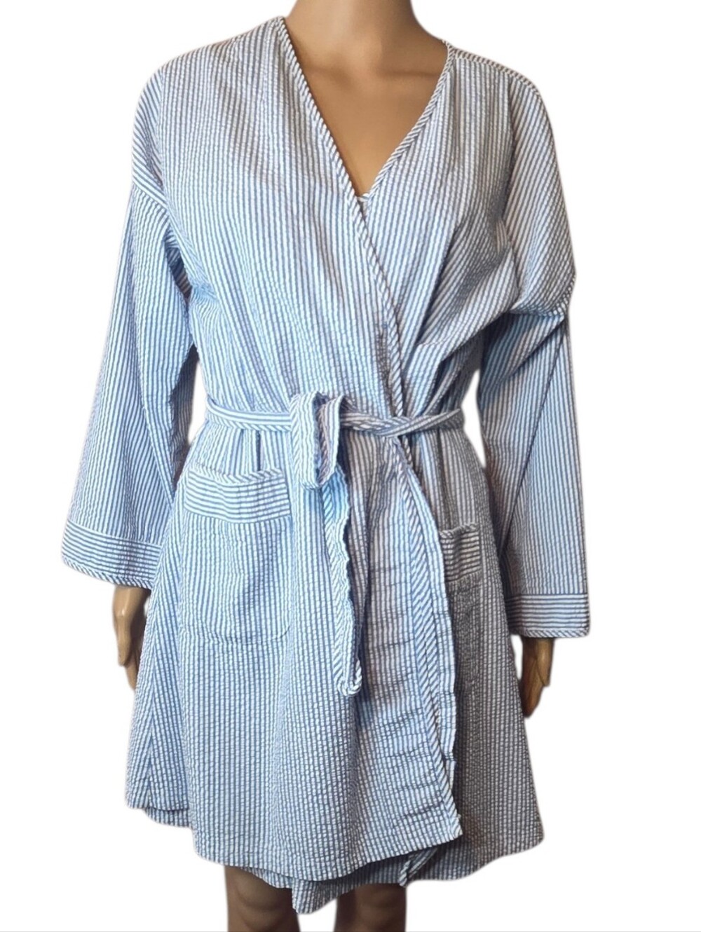 Garnet Hill Robe Nightgown Set Cotton Striped Blue White Womens Size Small